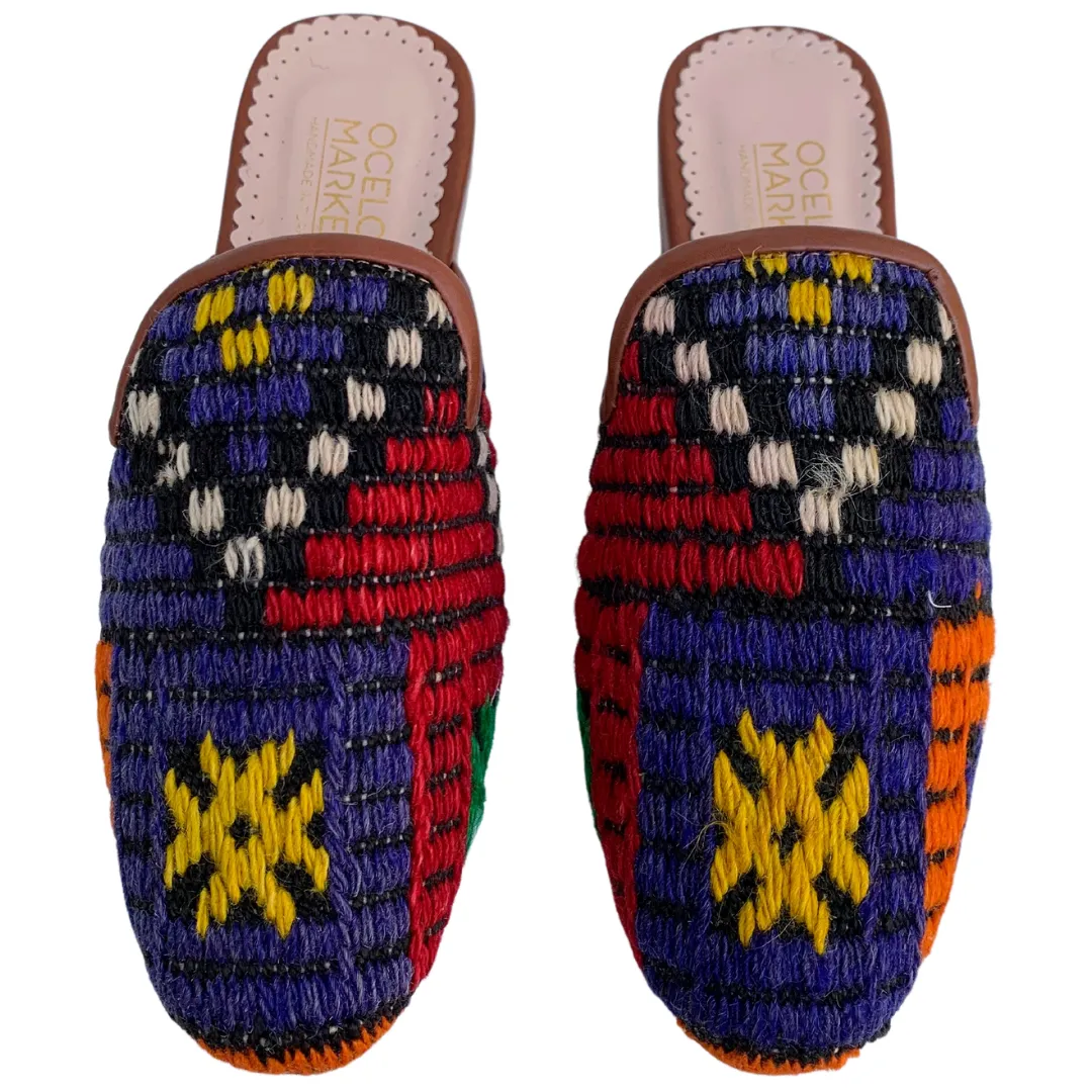 Women's Turkish Kilim Mules | Blue with Pattern