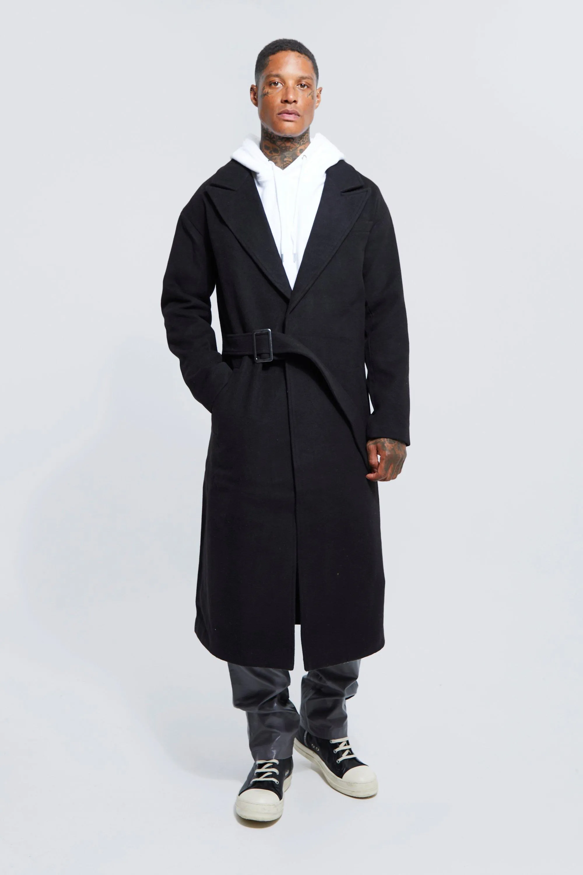 Wool Look Brass Buckle Longline Overcoat