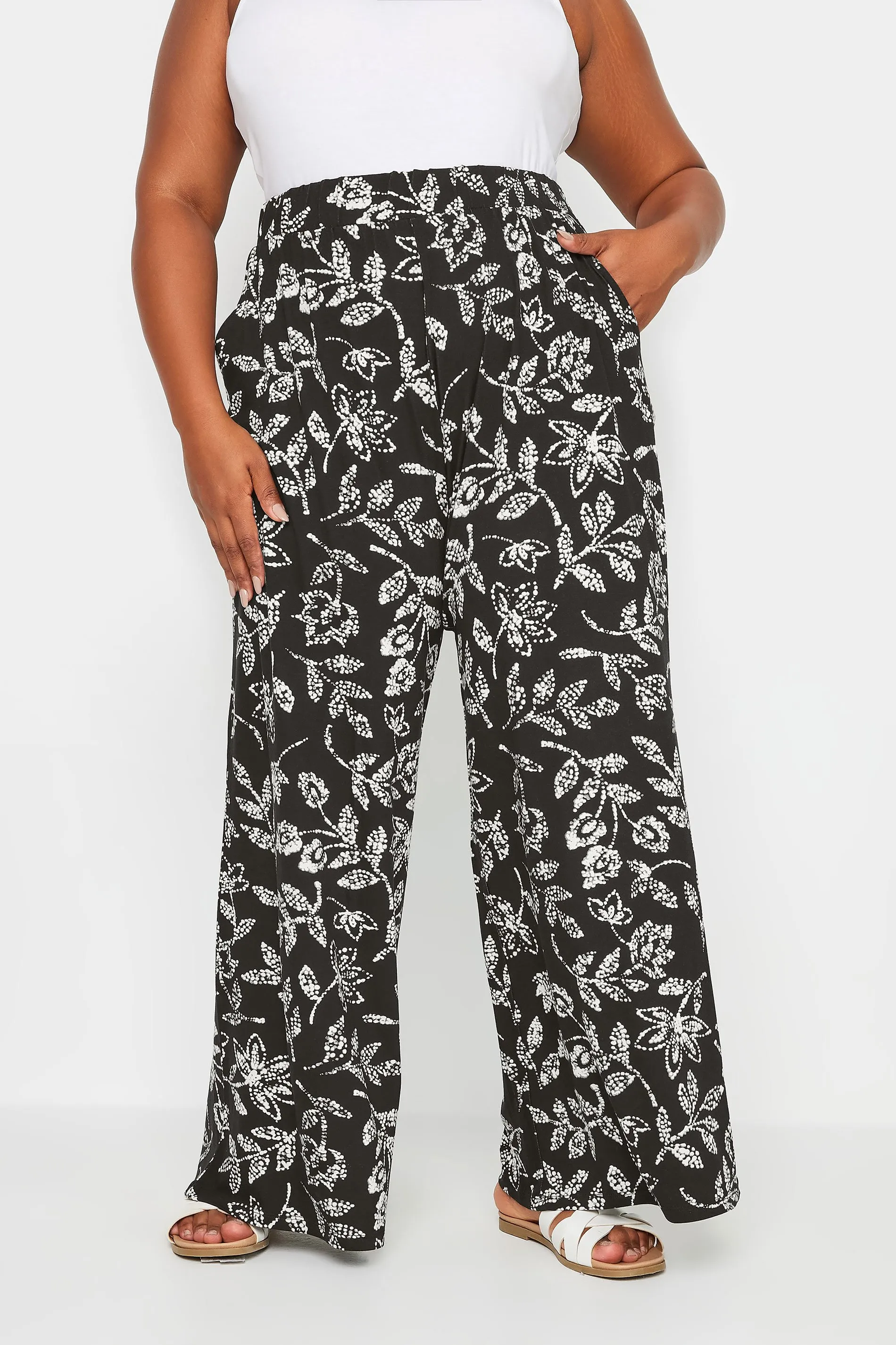 YOURS Curve Black Vine Print Wide Leg Jersey Trousers