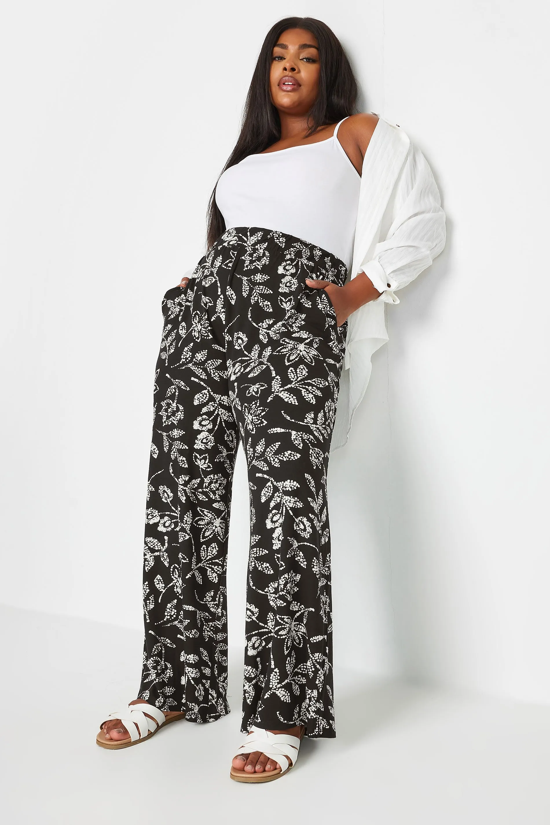 YOURS Curve Black Vine Print Wide Leg Jersey Trousers