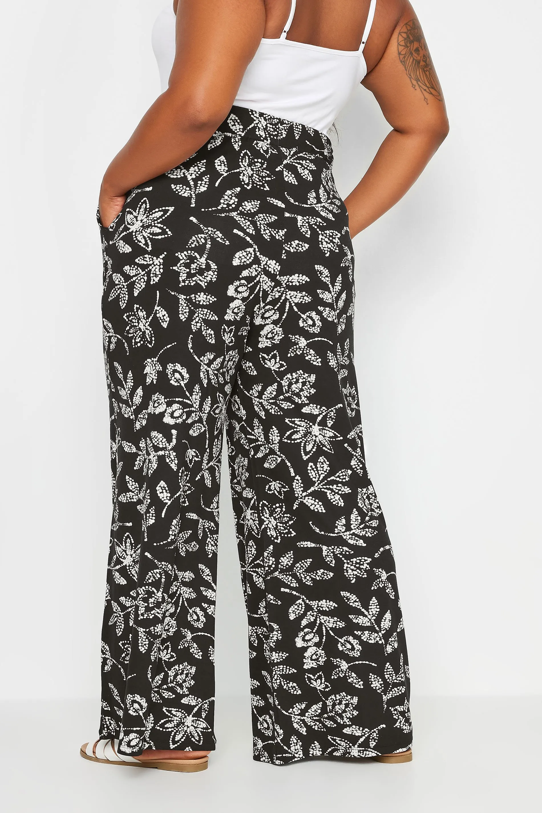 YOURS Curve Black Vine Print Wide Leg Jersey Trousers