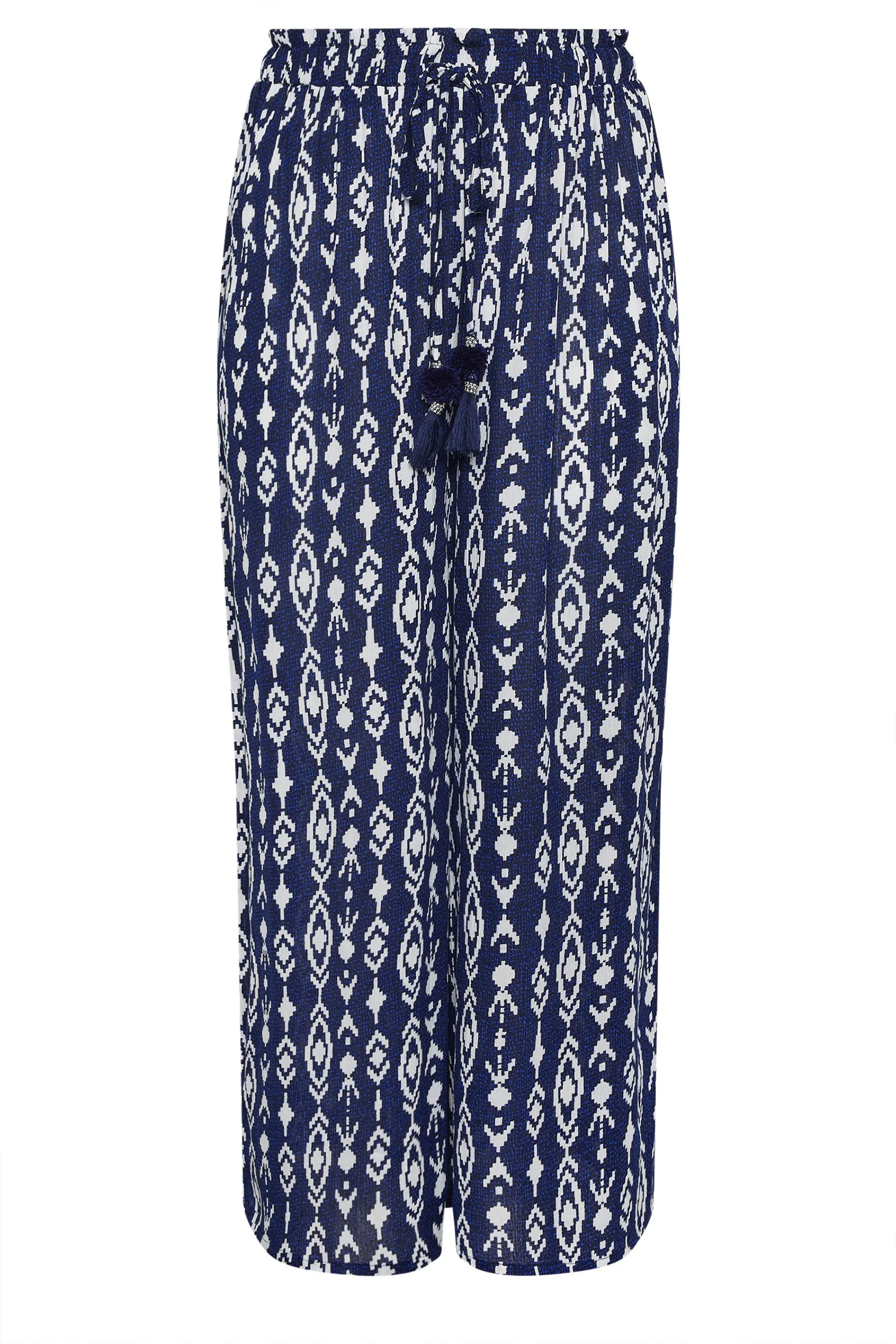 YOURS Curve Navy Blue Ikat Print Crinkle Tassel Trousers