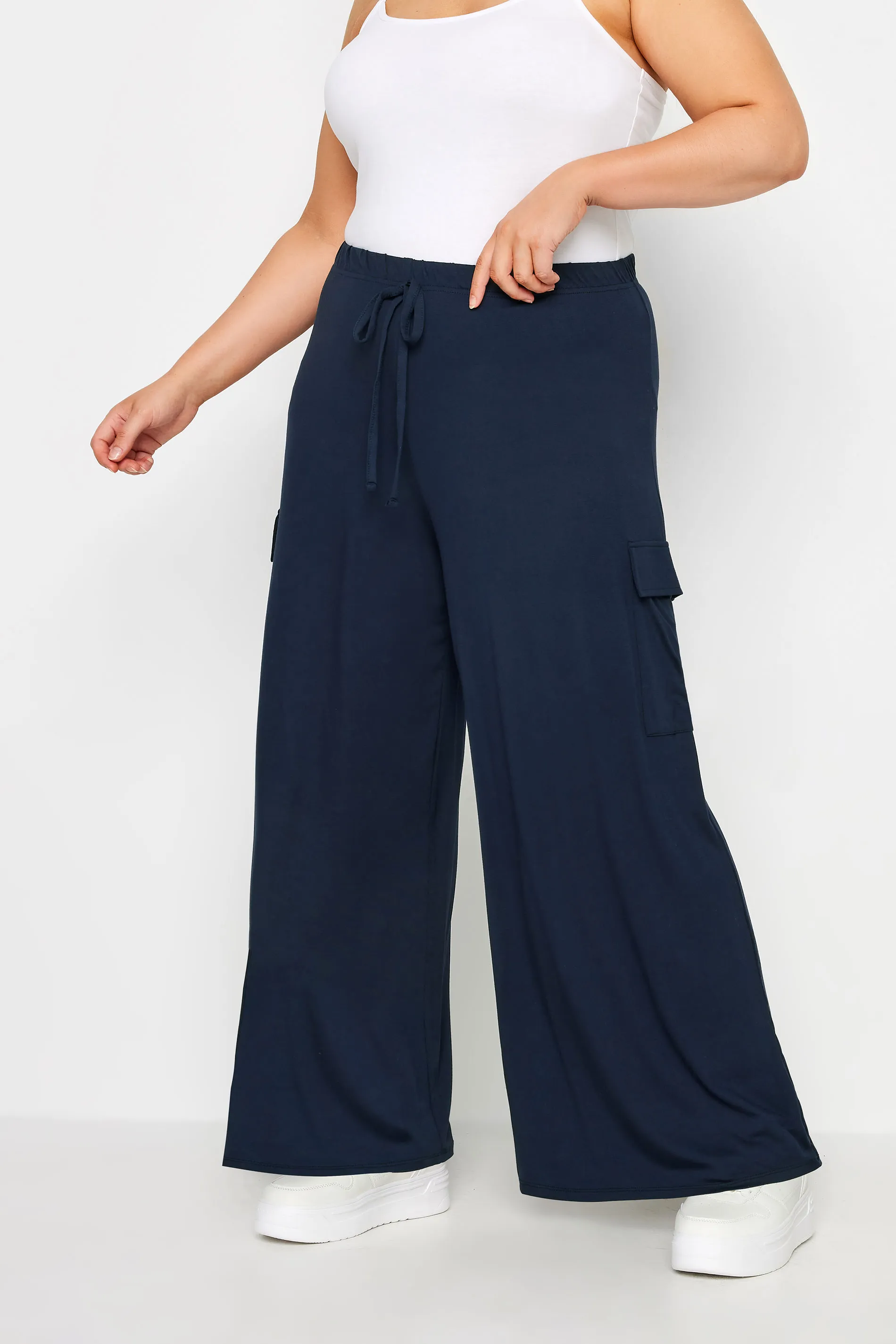 YOURS Curve Navy Blue Jersey Wide Leg Cargo Trousers