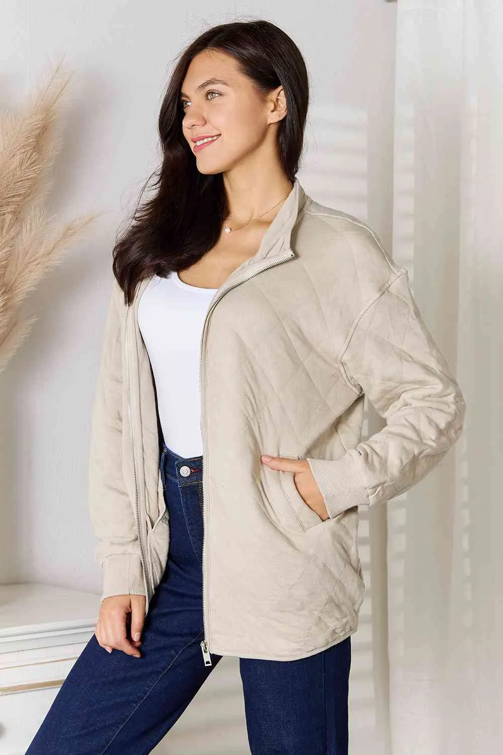 Zip-Up Jacket with Pockets in Beige