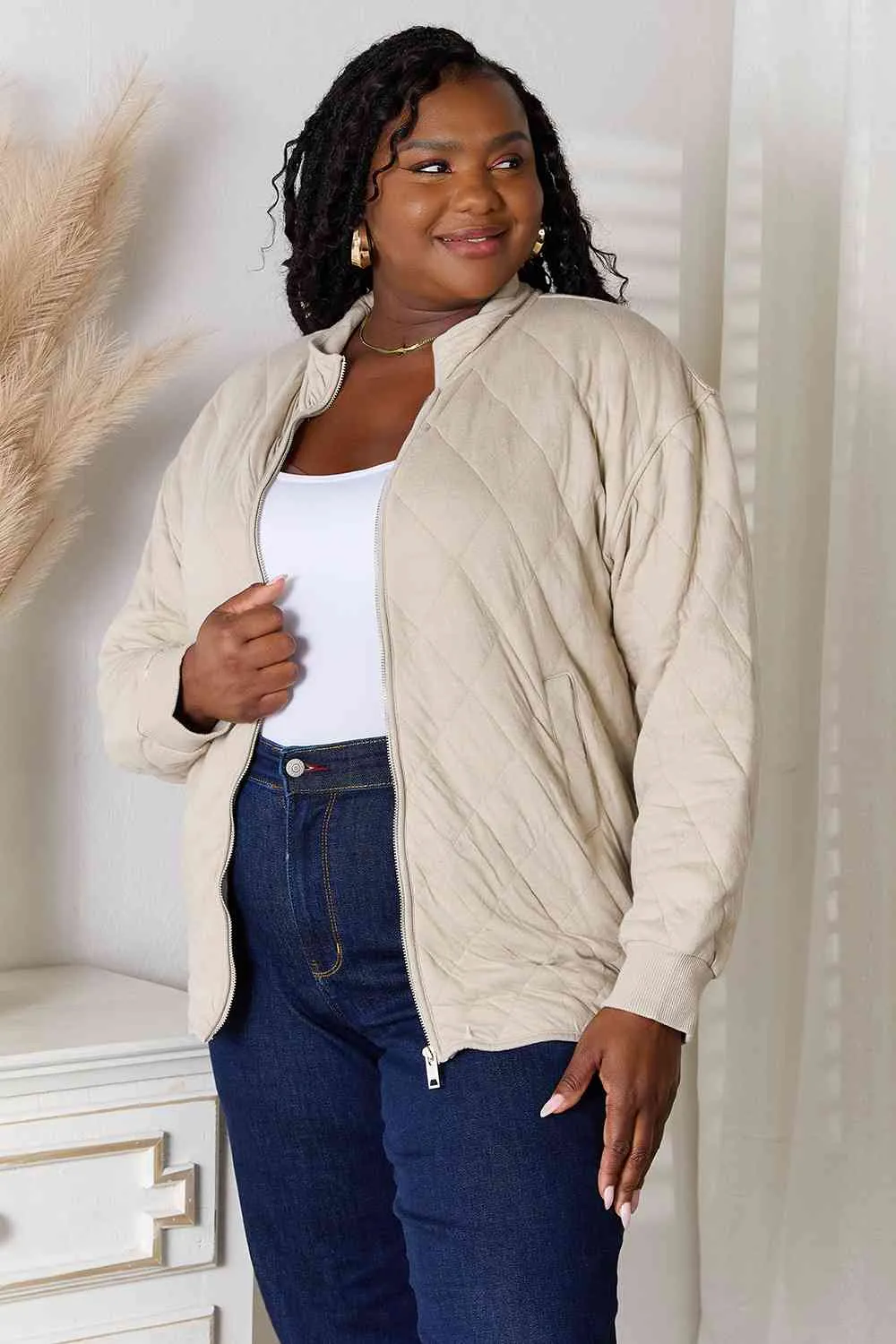 Zip-Up Jacket with Pockets in Beige