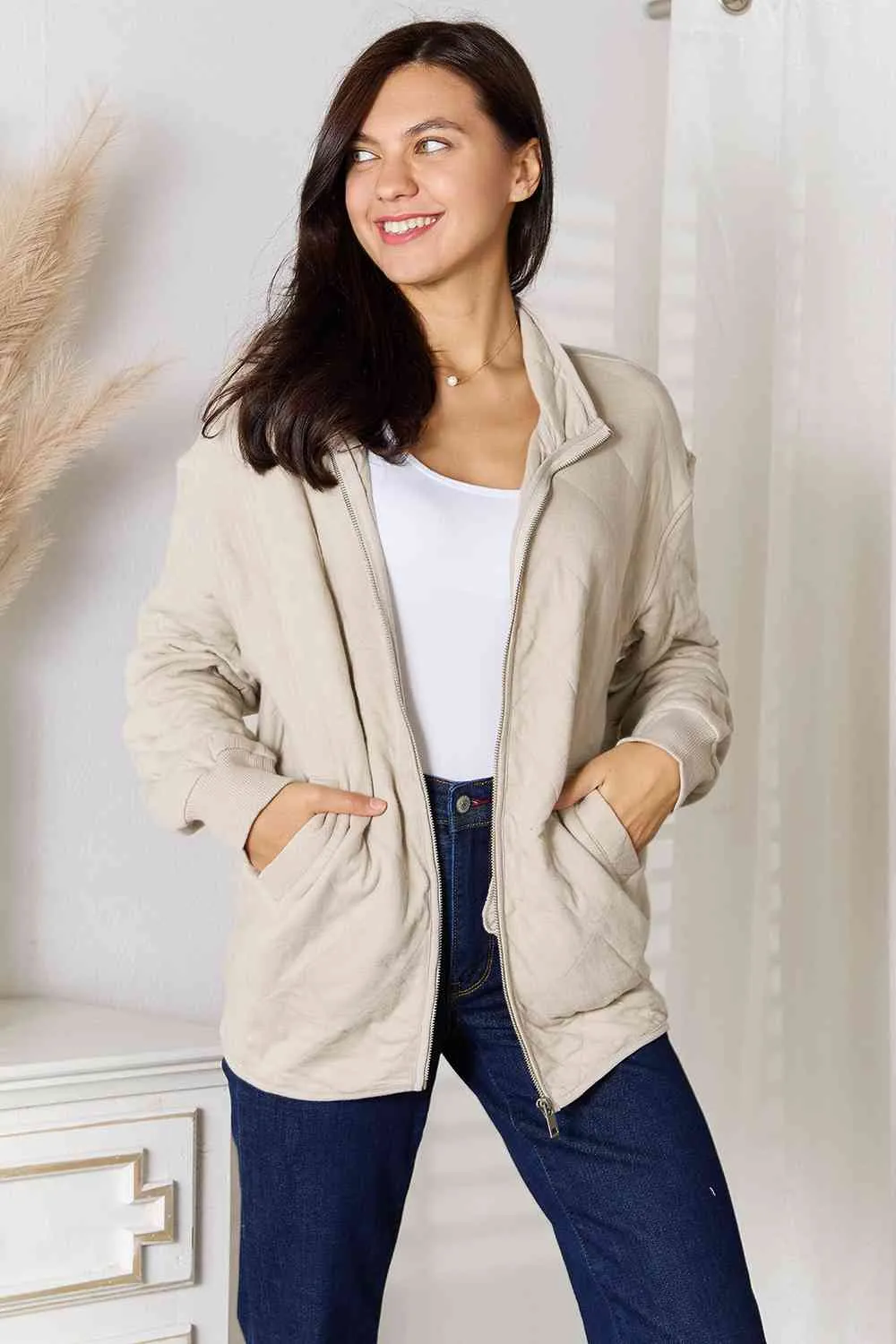 Zip-Up Jacket with Pockets in Beige