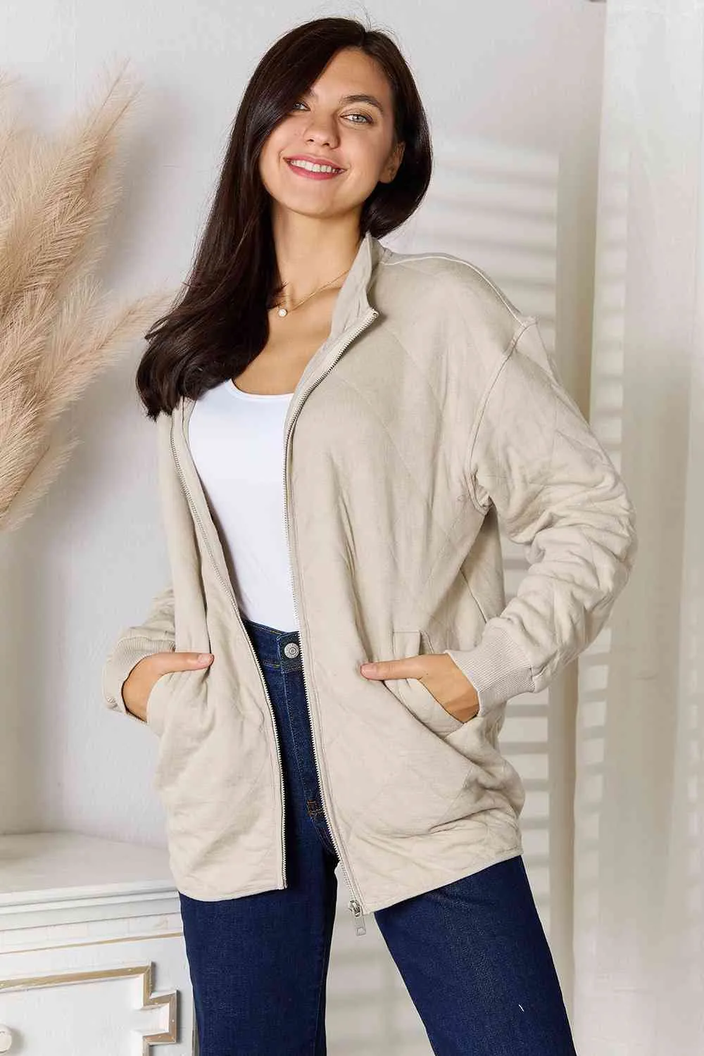 Zip-Up Jacket with Pockets in Beige